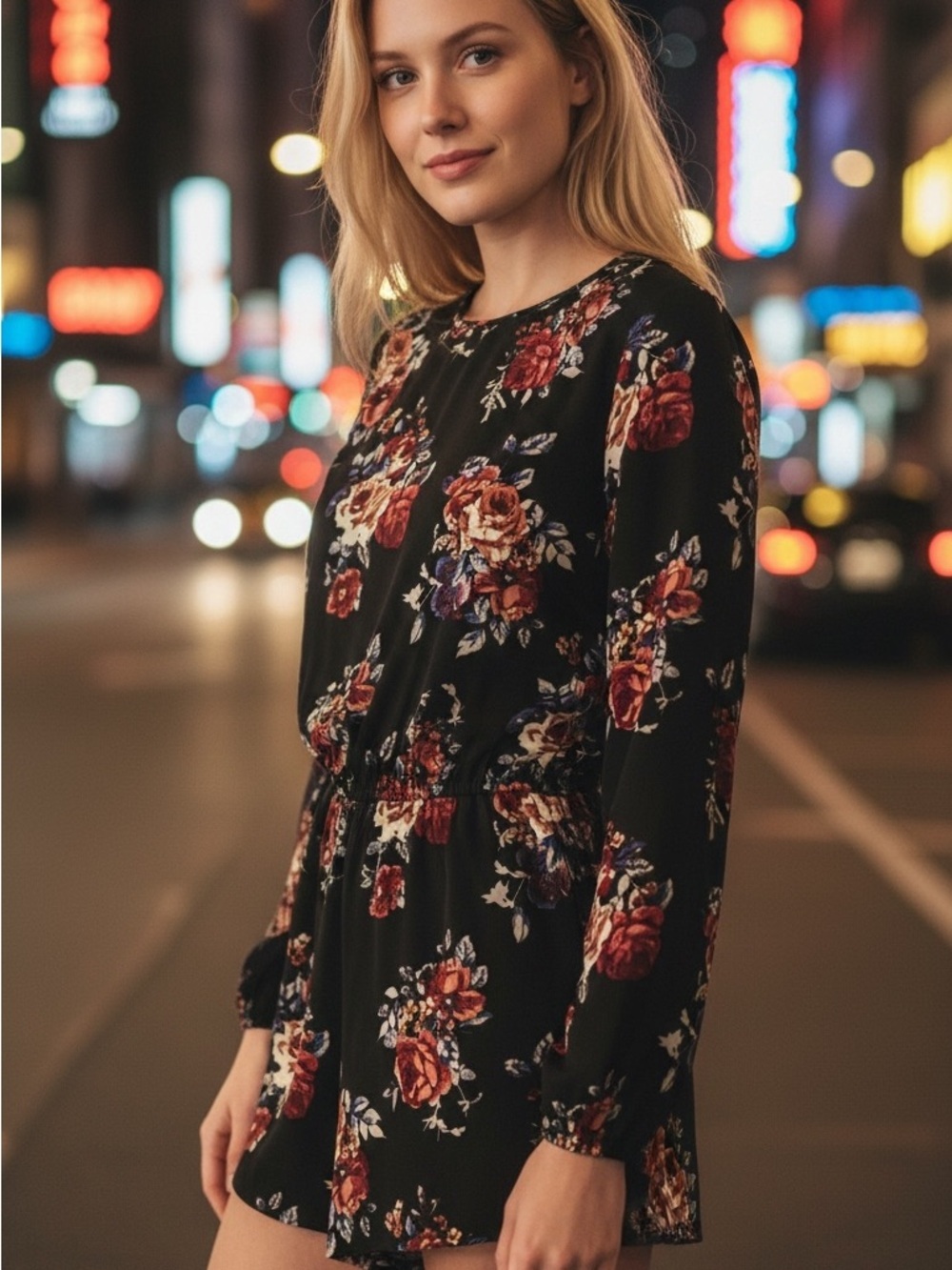 Black Floral Long-Sleeve shorts romper